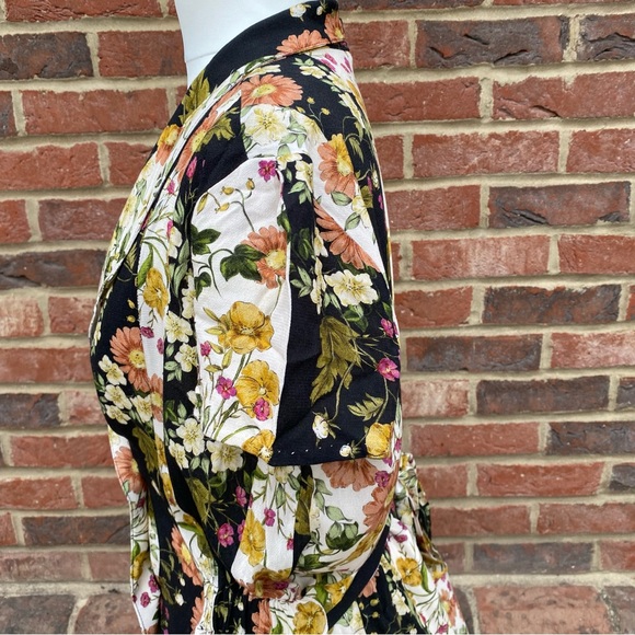 MNG Size L Floral Print Vintage Look Midi Maxi Dress Stripe Button Up Waist Belt - Picture 7 of 11
